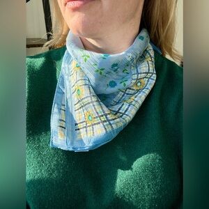 Vintage Silk Scarf Blue Floral Plaid Cottagecore 20x20 Square Neck Hair